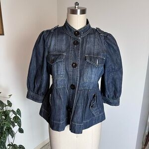 Vintage early 2000s blue denim button-up pea coat jacket with puffy sleeves